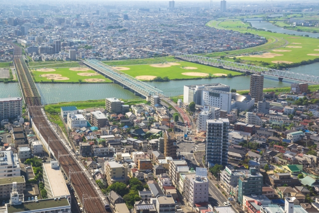 市川市の上空から見る町並み