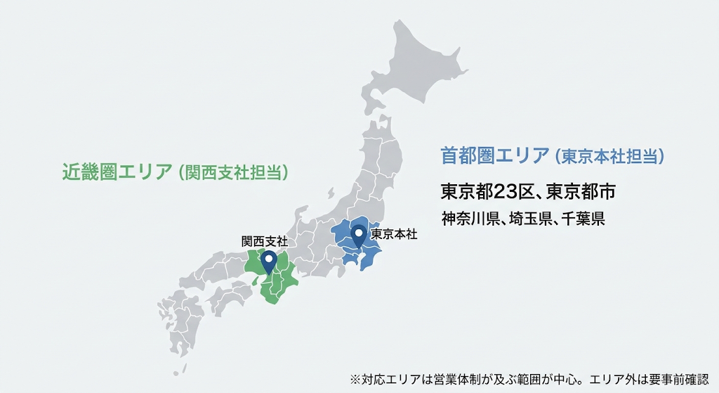 日本地図で首都圏と近畿圏の対応エリアと拠点ピン、注記を示した図解