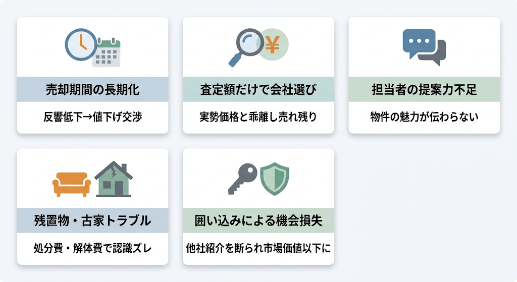 不動産売却の5つの失敗パターンをアイコン付きカードで紹介する一覧図解。