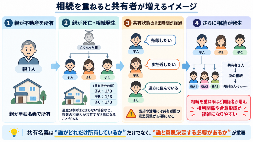 相続によって不動産の共有者が増えていく流れを示した図解。親の単独所有から子A・子B・子Cの共有名義となり、さらに次世代への相続で共有者が増え、合意形成や権利関係が複雑になる様子を解説。