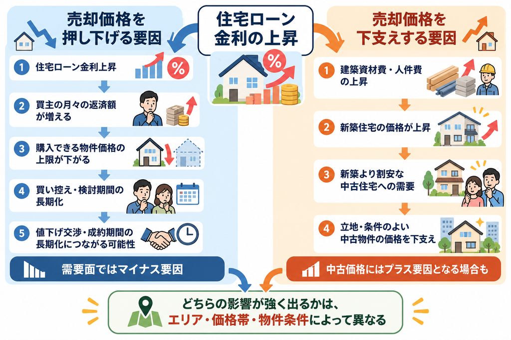 住宅ローン金利の上昇が不動産売却価格に与える影響を、価格を押し下げる要因と下支えする要因に分けて解説した相関図。買主の返済負担増加や中古住宅需要、建築費上昇など、住宅価格への影響をわかりやすく整理。