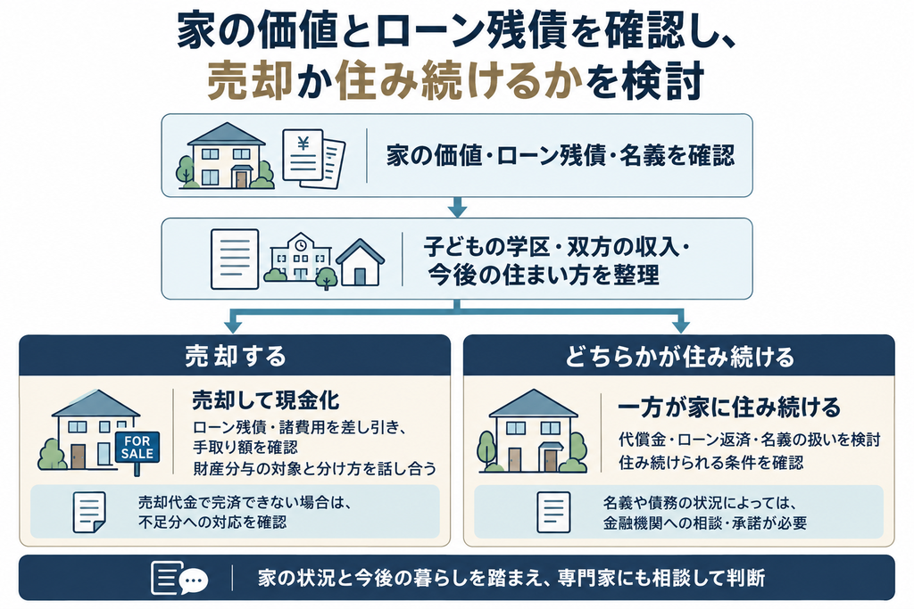 家の価値やローン残債、名義を確認し、売却する場合と住み続ける場合の検討事項を整理した離婚時の判断フロー図