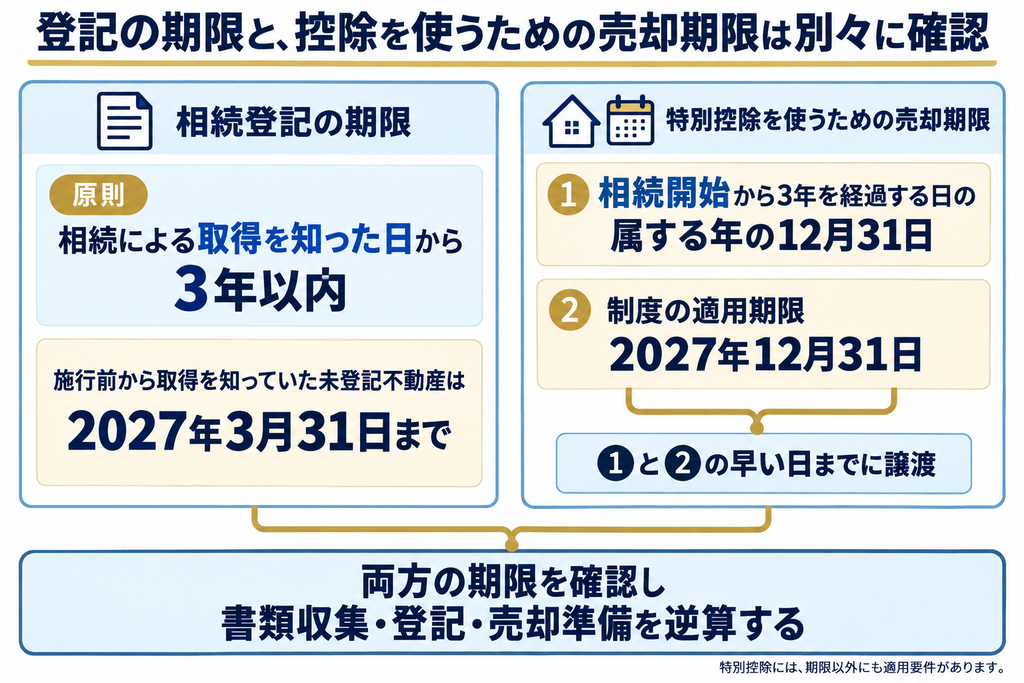 相続登記と空き家の特別控除で異なる期限の起算点や求め方を比較し、登記と売却準備を逆算する考え方を示す図解