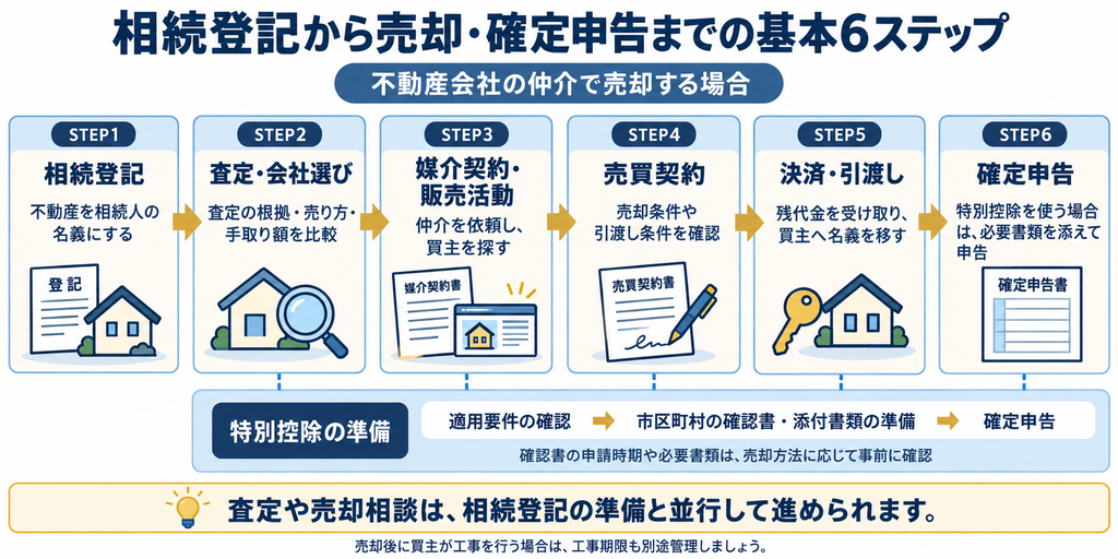 相続登記から仲介売却、確定申告までの六つの手順と、並行して進める特別控除の要件確認や必要書類の準備を図解